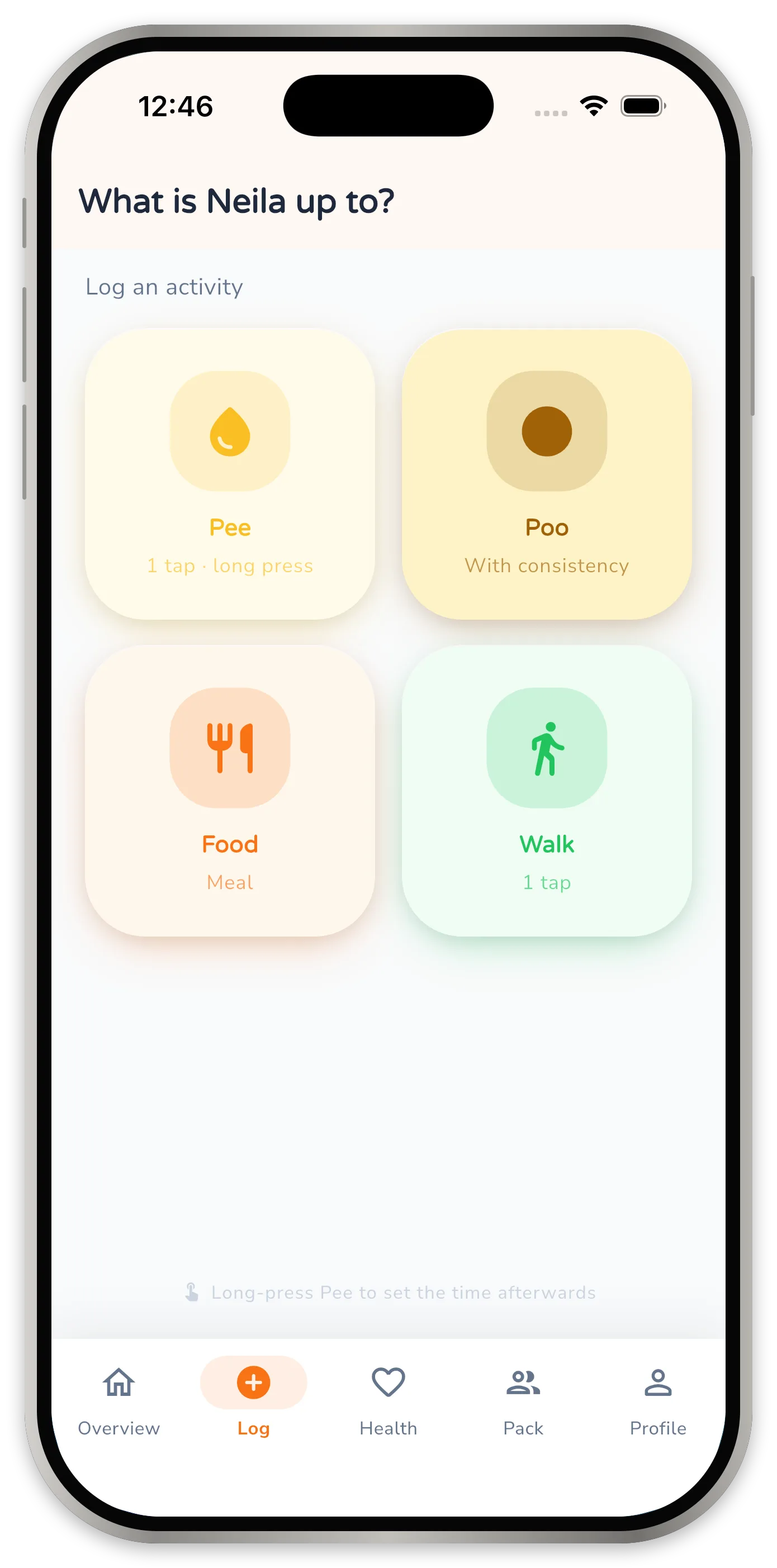 The logging screen with four large tiles for pee, poo, meal and walk.