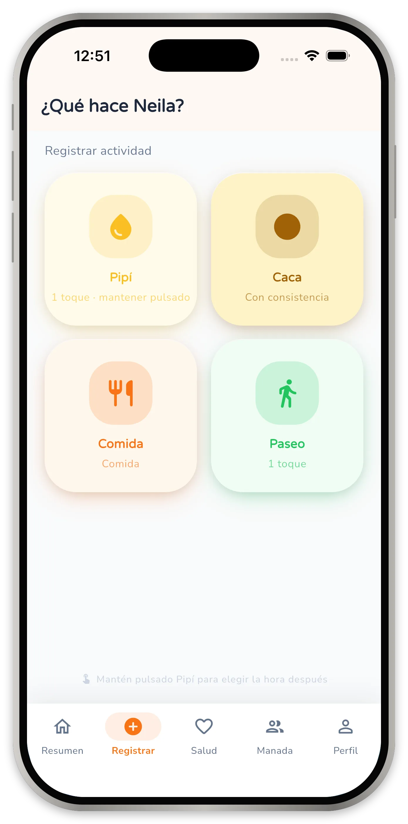 Pantalla de registro con cuatro casillas grandes para pipí, caca, comida y paseo.