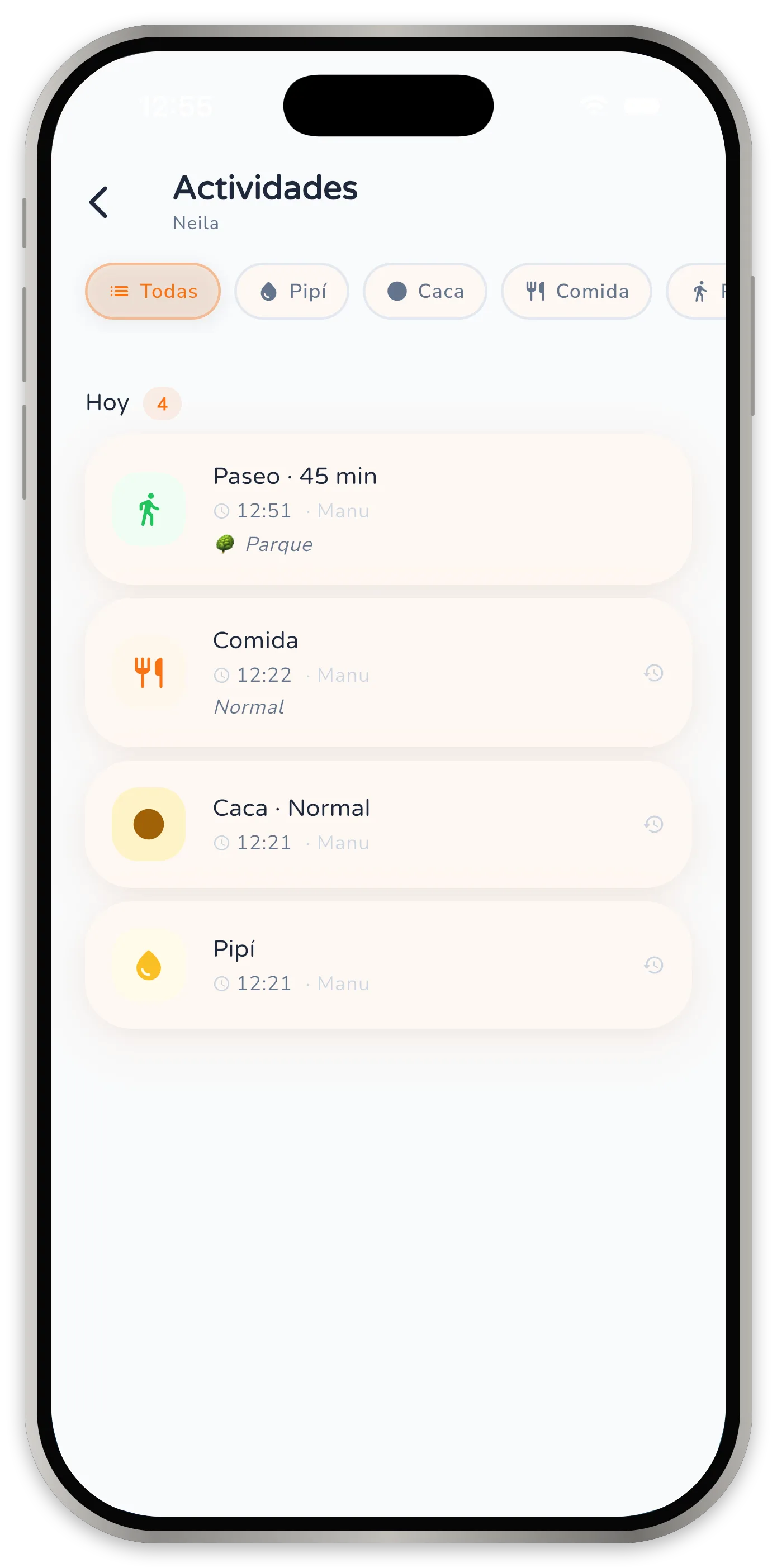 Lista de actividades agrupada por días, con filtros para cada tipo.