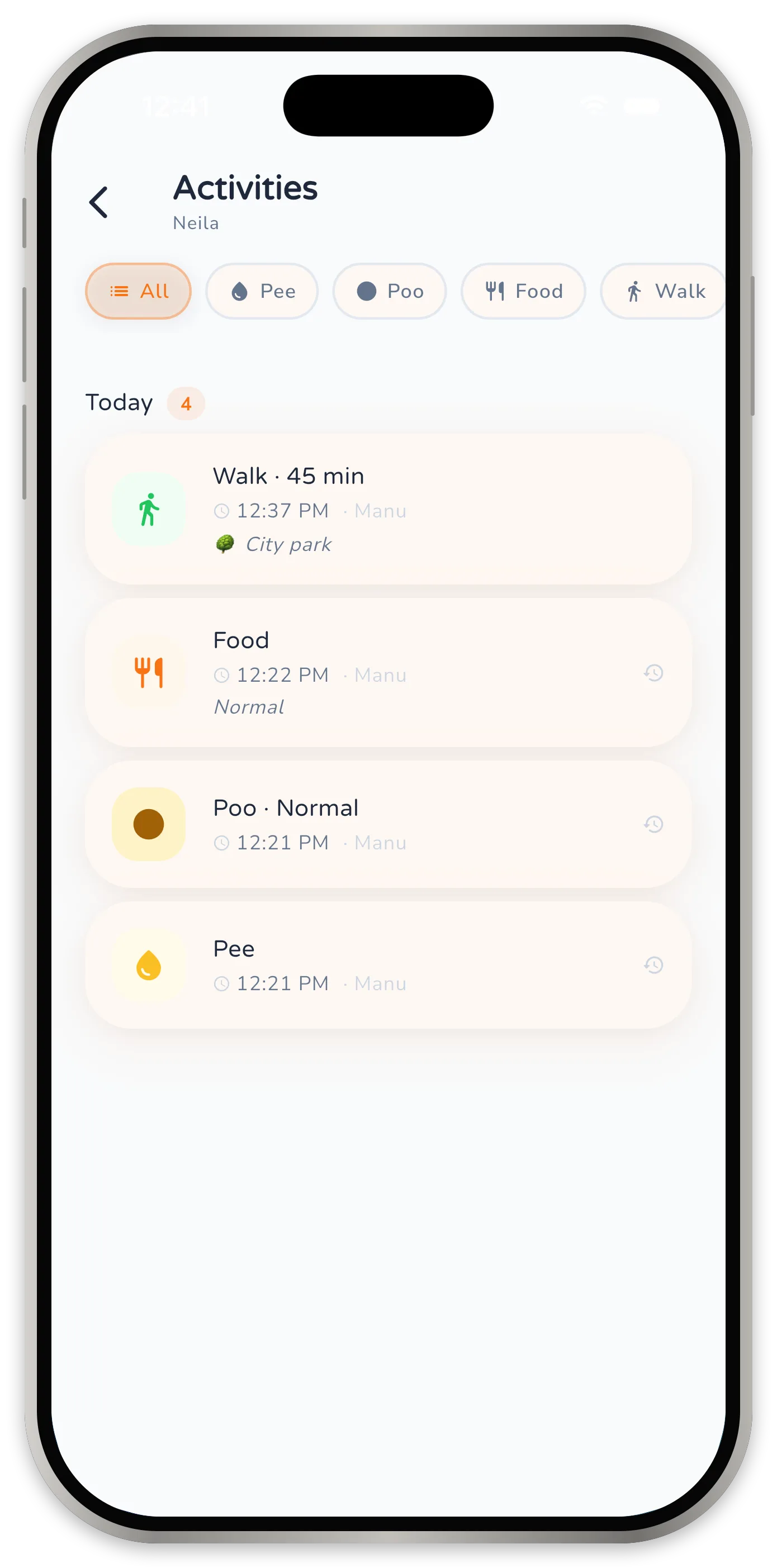 The list of activities grouped by day, with filter chips for the individual types.